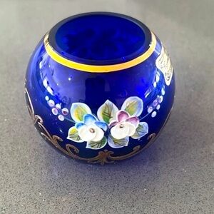 Egermann Bohemian Crystal Bowl In Cobalt Blue Gold And Gilt Applied Flowers